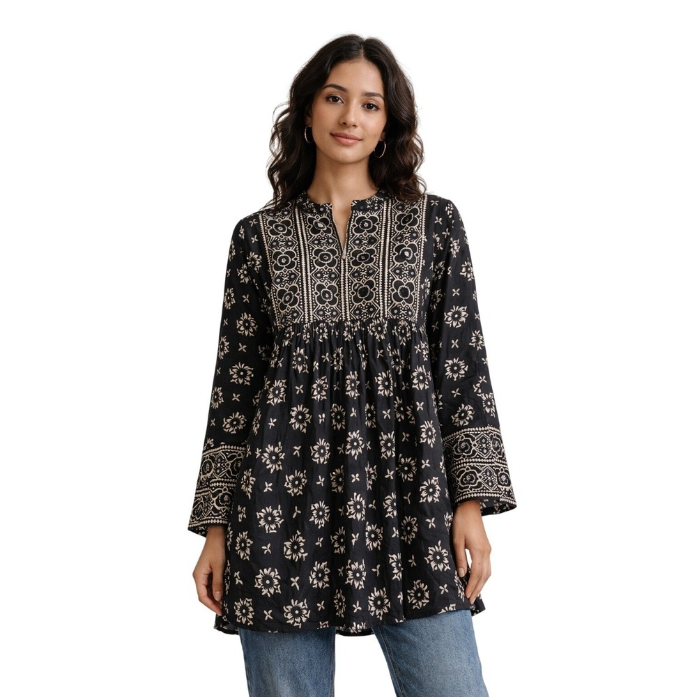 1970s Ramona Rull Black White Floral Print Dress Long Sleeve Boho Size Medium